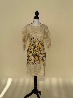 Vintage slim bat sleeve linen/silk open back cocktail dress